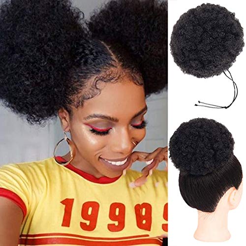 Piaou Afro Puff Drawstring Ponytail Short Kinky Curly Synthetic Hair Bun Extension for Black Women Donut Chignon Hairpieces Wig Updo Hair Extensions with Two Clips (2#)