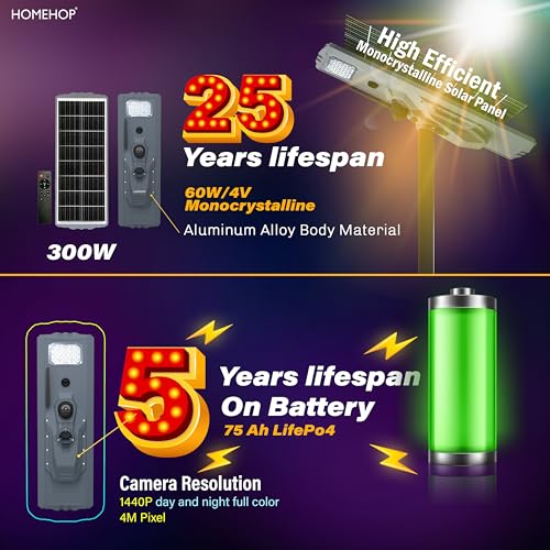 Image of Homehop Solar Light Outdoor Home Garden 300W Security Camera Street LED Lamp | Solar Street Light Outdoor Waterproof Automatic Motion Sensor for Road and Ground (75000mAh, Aluminium Alloy, Cool White)