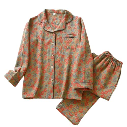 Image of Vintage Leaf Cotton Lapel Loungewear Set, Ginkgo Leaf Button Colorful Floral Pure Pajama, Women's Fashion Sleepwear
