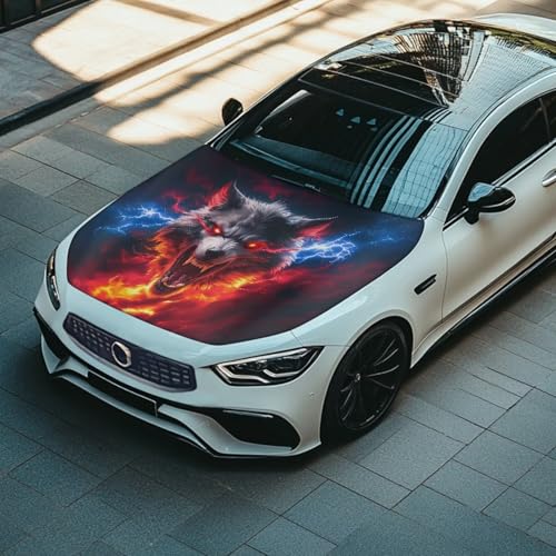 Image of Car Hood Cover Protector 59x39 Inch Stretchable Car Hood Wraps Lightning Flame Wolf Design Waterproof Automotive Accessories for Most Sedans SUV Trucks Minivan
