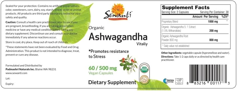 Miniatura 6 de Sewanti Cápsulas orgánicas de Ashwagandha - Alivio natural del estrés y refuerzo de energía - Suplemento dietético Extracto de alta potencia 60