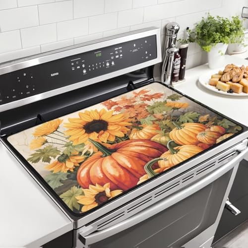Image of Glass Ceramic Top Stove Cover Anti-Scratch Universal Induction Cooktop Protector Mat for Electric Stove with Non-Slip Rubber Backing, 29 x 21 Inch, Fall Pumpkin Sunflower Maple Leaf Print
