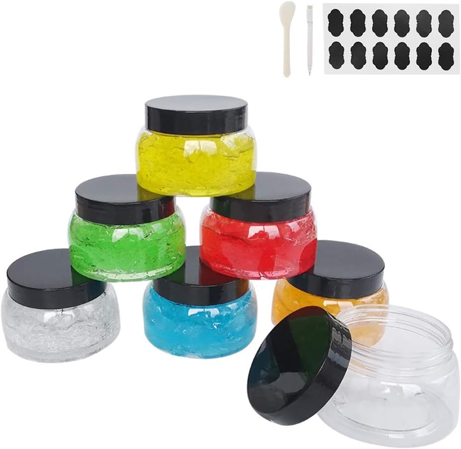 12 Pack 7.7 OZ Clear Plastic Jars with Lids, A Spatula, A Pen & Labels -Refillable Round Low Profile Containers/Plastic Slime Travel Jars for Lotions, Body/Sugar Scrub, Creams