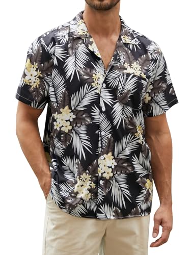 Hardaddy Men's Hawaiian Shirt Short Sleeves Casual Button Down Shirts Tropical Beach Summer Tops Black White Palm Leaf L