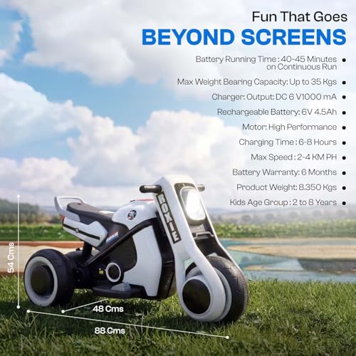 Image of Toyzone Roxie Kids Electric Bike (White)| Rechargeable Bike with 6V 4.5Ah Battery| MP3 /USB /BT Music & LED Lights| Smooth Acceleration | 6 Months Battery warranty, For Kids Age 2 to 8 Years, Upto 35 kg