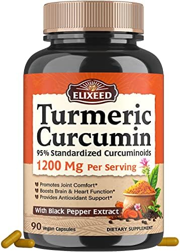 Elixeed Turmeric Curcumin 1200 mg, 95% Curcuminoids, Black Pepper Extract for Superior Absorption, Joint, Brain & Heart Support, Non-GMO, 90 Vegan Capsules