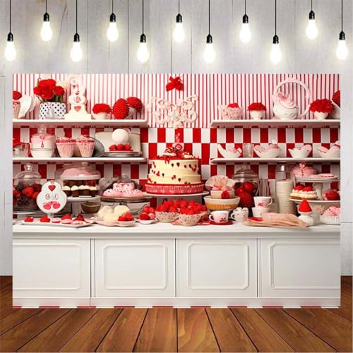Valentine's Day Backdrop Valentine Kitchen Backdrops for Photography Sweet Shop Retro Wood Wall Cook Decor Background Pink Rose Girls Photo Background,7x5ft by RANGMEISHANGMAO - Used condition - Image 2