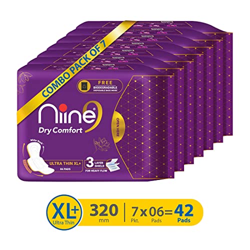 Image of NIINE Dry Comfort Ultra Thin XL+ Sanitary Napkins for Heavy Flow (Pack of 7) 42 Pads with Free Biodegradable disposable bags