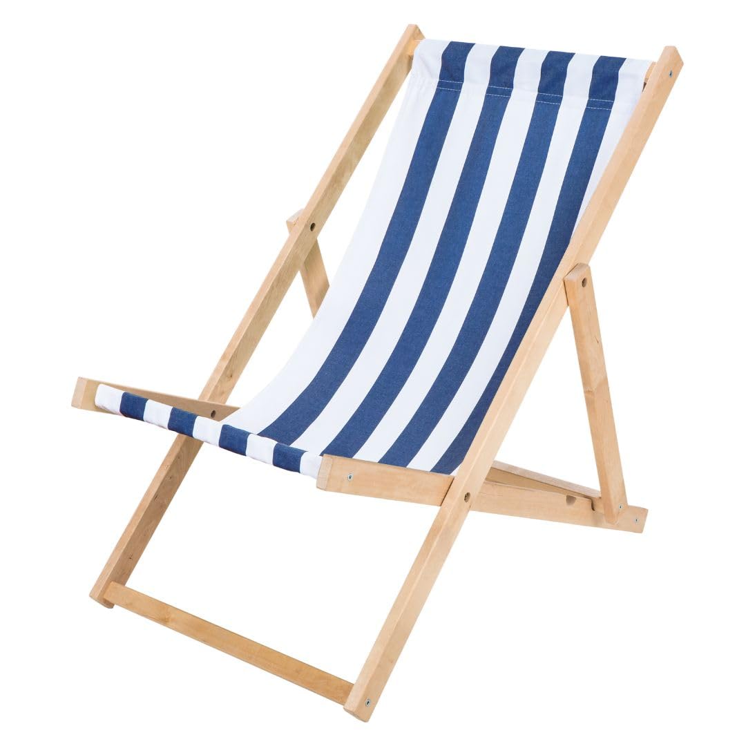 Liegestuhl klappbar Holz - Sonnenliege aus Buchenholz bis 120 Kg Holzklappstuhl für Balkon, Strand und Terrasse & Camping - Gartenliege Strandliege (Blau-Weiß gestreift)