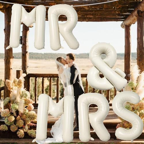 Image of 40 Inch Beige MR & MRS Balloons for Wedding Decor, Large Cream Mr and Mrs Foil Balloon Letter, Ivory White Sand Mr to Mrs Banner Sign for Bride Groom Engagement Couple Sweetheart Party Decorations