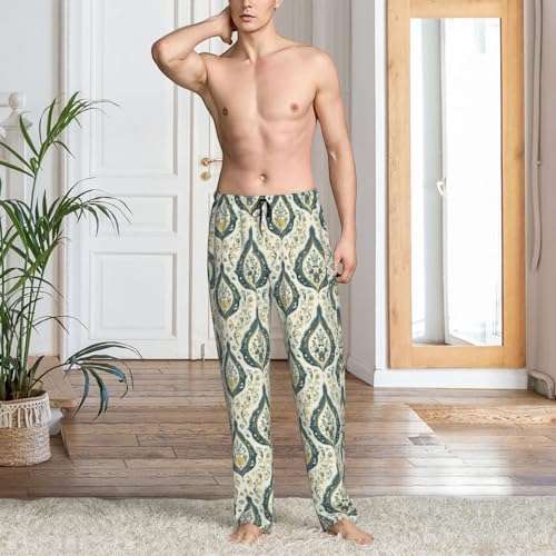 Mens Pajama Pants - Green Retro Pattern Print Soft Sleep Lounge Pants For Men, Casual Pj Bottoms With Pockets2