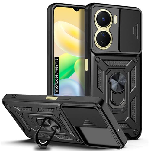 Image of AESTMO Polycarbonate Tough Armor Vivo T2X 5G /Y56 5G /Y16 Bumper Back Case Cover|Ring Holder&Sliding Camera Shield Cover|360 Degree Protection Back Case Cover for Vivo T2X 5G /Y56 5G /Y16(Black)