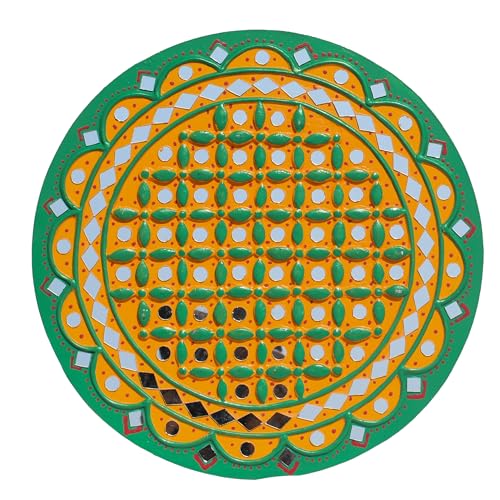 Image of Ethnics of Kutch Traditional Kutch Handicraft Mud-Mirrorwork Lippan Kam Wall Art (Water and Break Resistant) - Round (12 Inch Diameter) - (Yellow LKT-0281)