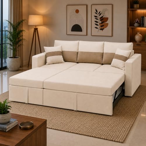 Image of FURNY Soria 4 Seater LHS Lounger Sofa Cum Bed (Cream-Beige) with Pull-Out Function | Luxury Velvet Suede Finish | Durable Comfort | Ideal for Living Room