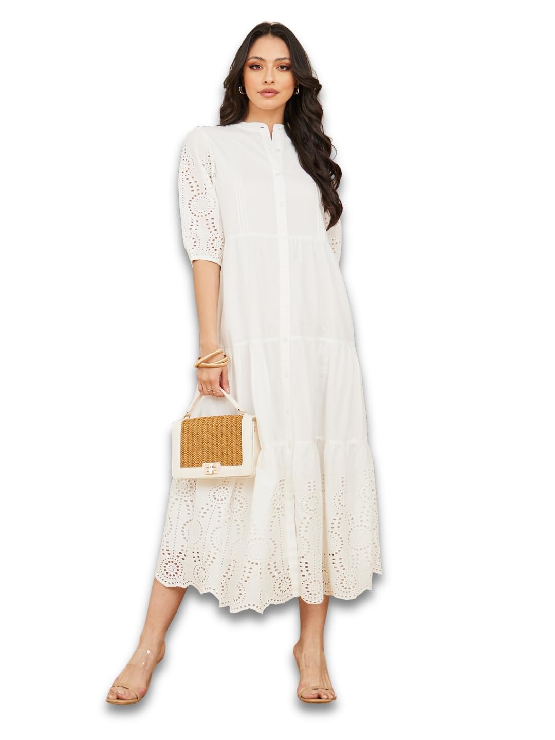 StyliWomen Self Design Mandarin Collar Puff Sleeve Cotton A-Line Dress | Stylish One Piece Dress for Women | Perfect Long Dress for Casual, Party