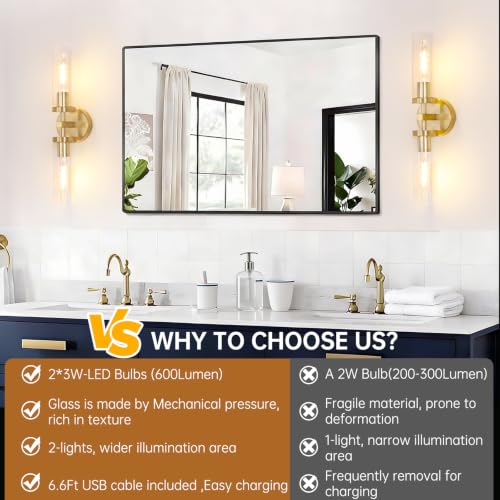 Image of Shenmoyl Set of 2 Wall Sconces, 7800 mAh Battery Operated Wall Sconce with 3 Colors & Remote Control, Gold Rechargeable Wall Lamp with Clear Glass Shade for Bedroom, Bathroom, Living Room, Hallway