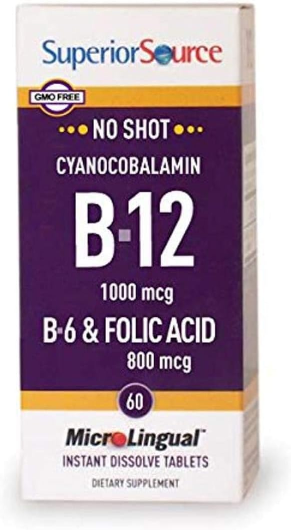 Superior Source No Shot Vitamin B-12 Cyanocobalamin 1000 mcg, B-6, Folic Acid 800 mcg – Support Brain & Heart Health – Aids Natural Energy Levels – 60 Sublingual Dissolving Tablets