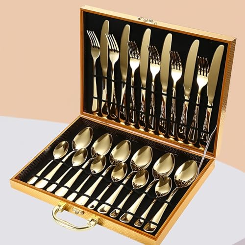 Image of Diwali Gift Hampers Stainless Steel Mirror Finish 24 Pieces Luxury Gold Cutlery Set for 6 Persons with Gifting Box Diwali Gift Items for Friends Family Relatives Diwali Gift Box Pack Set