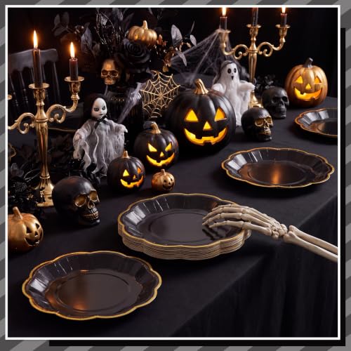 Image of 30 Pcs Black Plates with Gold Trim 9 Inch Scalloped Black and Gold Plates