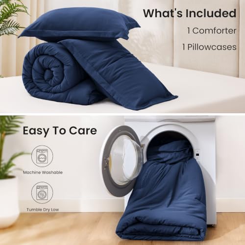 Image of Love's cabin Dark Blue Twin /Twin XL Comforter Set, 2-Piece Prewashed Bed Set with 1 Comforter (66 x 90 in) & 1 Pillowcase, Lightweight & Breathable for All Seasons