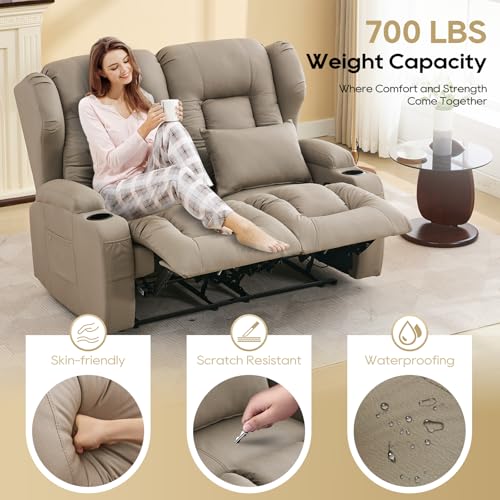 Image of IPKIG 54.2 inch RV Loveseat Recliner Sofa, Leathaire Fabric Wall Hugger Reclining Chair with Cup Holder and Side Pockets, Home Theater Seating Manual Recliner for Living Room (Khaki, Loveseat)