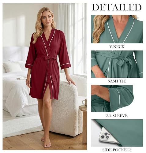 Image of PrinStory Womens Robe Knee Length Soft Knit Bathrobe S-2XL | V-Neck 3 /4 Sleeve Robes with Pockets, Lightweight, Breathable Bath Robe for Shower, Spa, Travel, Home, Party, Nursing