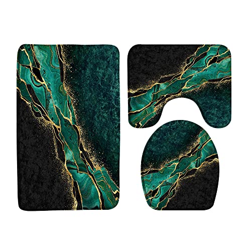 GCTNBJL 3-teiliges Badematten-Set, grüne Marmorstruktur, abstrakt, blaugrün, gold, luxuriös,...
