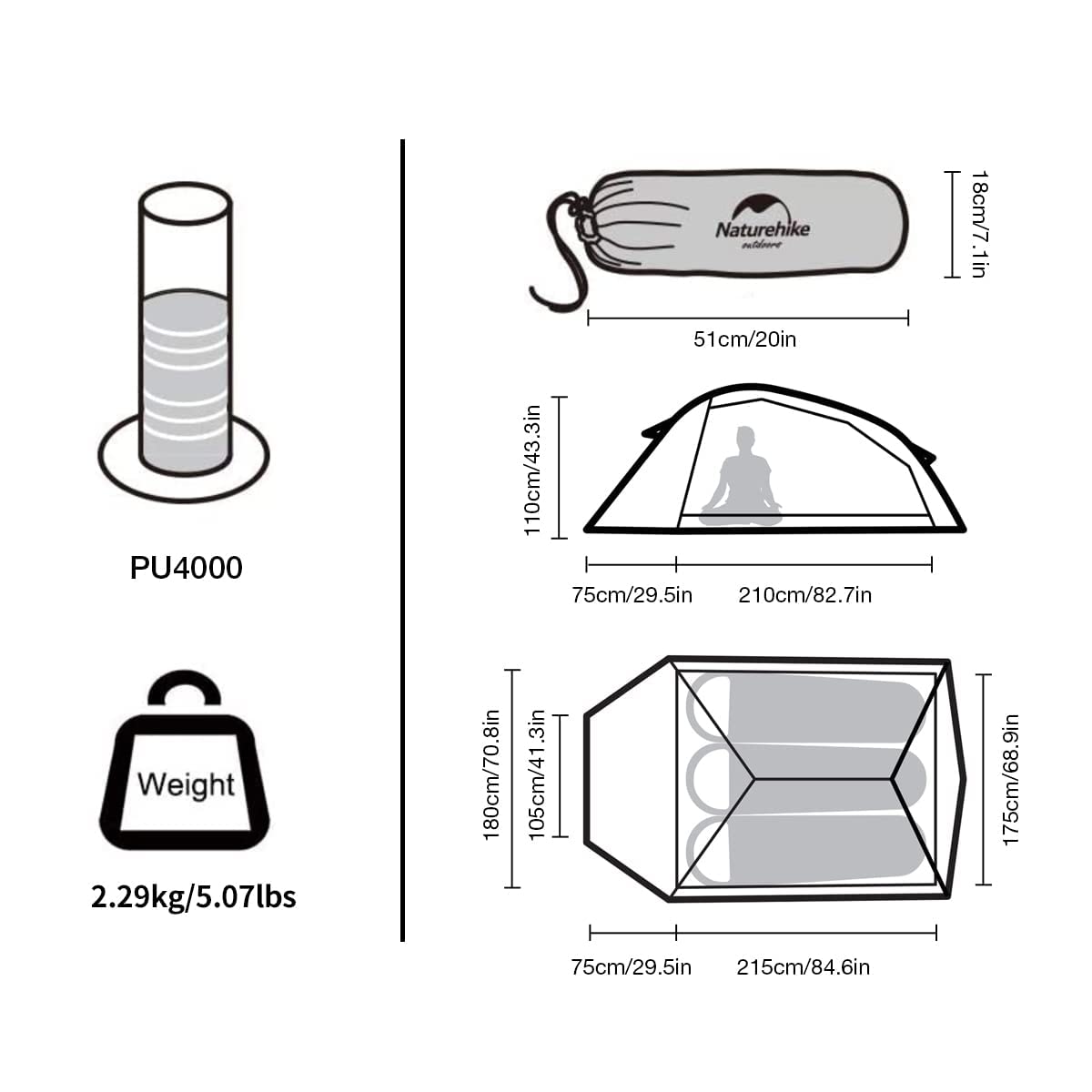 Naturehike Cloud Up 2 Tenda da Campeggio 3-4 Stagioni per 2 Persone, Tenda Leggera da Zaino, Impermeabile, a Prova di Insetti, per Famiglie, per Escursionismo, Alpinismo