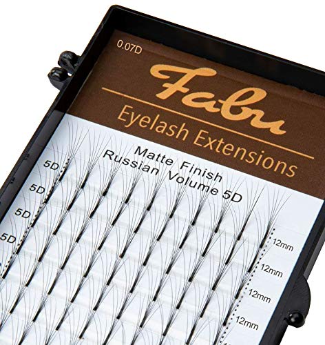 Professional Premade Fans for Lash Extensions – Handmade Russian Volume Lash Fan Tray – Natural Look, Cruelty-Free Mink Lashes for False Eyelash Extension Kit by Fabu, Matte Black, 5D 0.07 D-curl 12mm