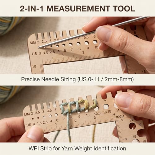 Nadelmaß für Stricknadeln Maschenprobe Zählrahmen aus Holz Präzises Strickzubehör zur Bestimmung der Garnstärke & Nadelstärke Ruler Holz Messgerät Handliches Werkzeug für Ihre Strickprojekte(15x15cm)