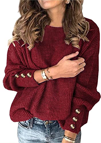 Camiseta Mujer Manga Larga con Botones Suelta Jersey Suéter Ligera Cuello Redondo Básico Blusa Tejido Henley Camisas Suéter Primavera Otoño Borgoña XL Cover