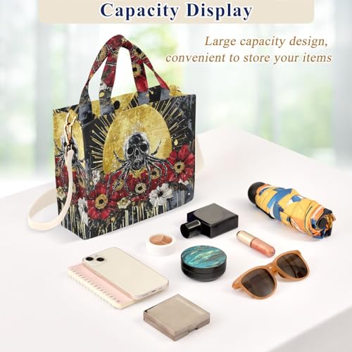Skull Floral Sun Tote Bag for Women Corduroy Handbag Purse Shoulder Bag with Detachable Strap Small Size4