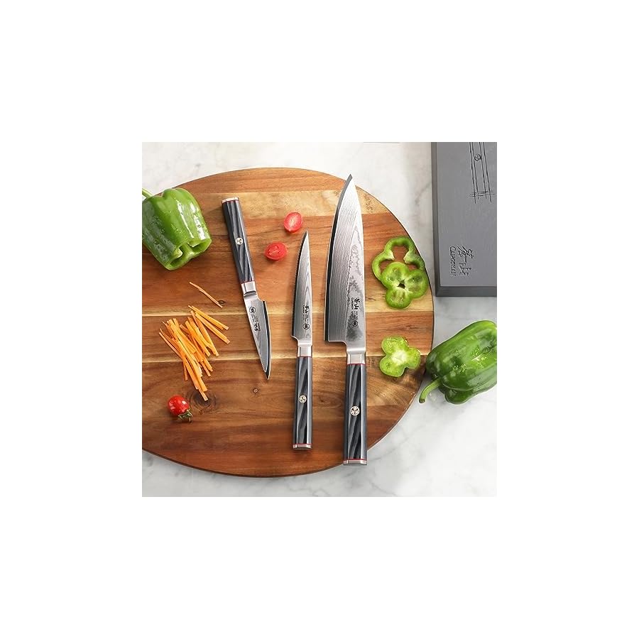 Cangshan YARI Series X-7 Damascus Steel Starter Knife Set With Ash Wood Box (3-Piece)