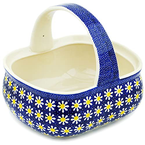Polish Pottery 10½-inch Basket with Handle (Daisy Theme) + Certificate of Authenticity