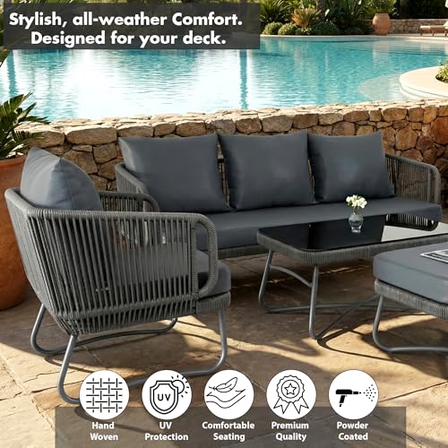 Image of Amazon Brand - Solimo Harbor Outdoor Rope Sofa Set | Balcony Sofa | Patio Conversation Sets | Braided Rope Garden Sofa Set and Ottoman (6 Seater- Grey & Dark Grey)