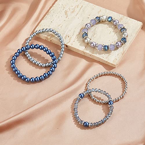 Noessla Beaded Pearl Stretch Bracelet Silver Stackable Crystal Beads Bracelets Trendy Costume Jewelry Mothers Day Gifts For Women(Blue) #TOP4