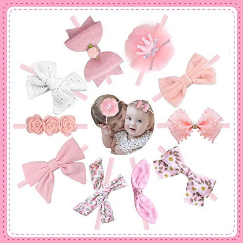 Image of PONAPO Baby Girls Headbands with Bows, 10PCS Infant Headbands Elastics for Newborn, Toddlers, Kids - Pink