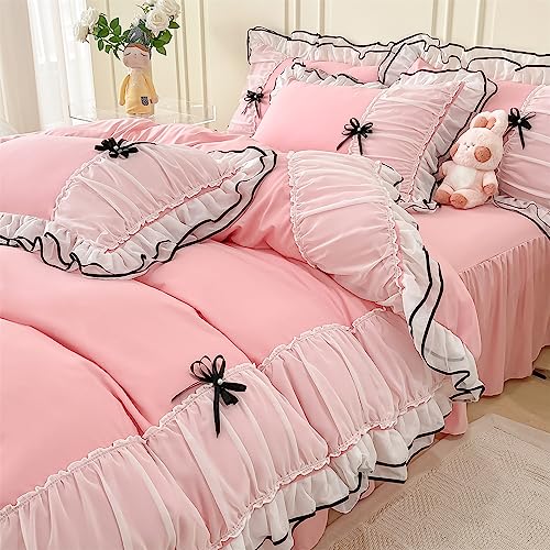 IHOUSTRIY Pink Duvet Cover Full Size, Ruffle Beddding Set with Bowtie, 3 Pieces...