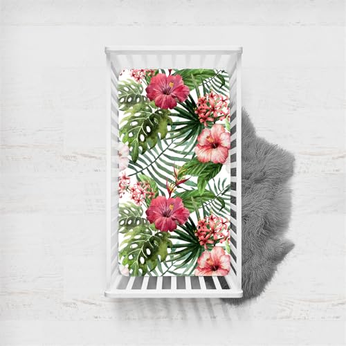 Odot Sábana Bajera Bebé Cuna y Minicuna Sábana Bajera Ajustable de Microfibra Estampado Floral Planta Tropical, Bebé Ropa de Cama para Cama Ovalada y Colchón Rectangula (75x33cm,Acuarela)