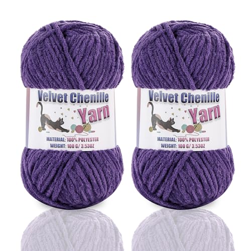 Image of 2 * 100g /3.5oz Fluffy Chenille Yarn for Crocheting, Chunky Velvet Yarn for Crochet Amigurumi, Used for Making Baby Yarns Blanket, Clothes, Pattern Knitting Creations (Lavender)