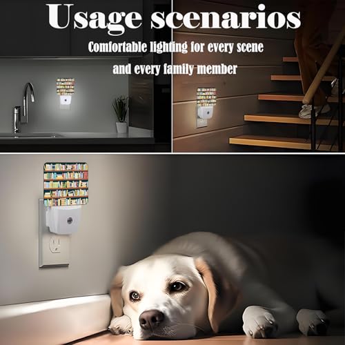 Image of Bookshelves Full of Books Night Light,Plug-in Night Lights with Dusk to Dawn Sensor for Stairway,Hallway,Bedroom Sleep Friendly Ideal for Women /Girls /Boys Gift,0.5w