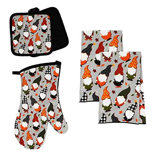 Modern Farmhouse Halloween Kitchen Towel Set with Pot Holders and Oven Mitt (Gnomes)