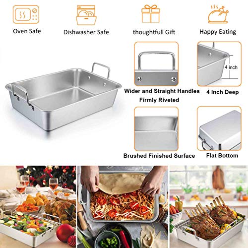 Teamfar Roasting Pan, 15 Inch Large Turkey Roaster Lasagna Pan With V Rack & Cooling Rack Set Stainless Steel For Thanksgiving Christmas, Healthy & Heavy Duty, Deep Side & Dishwasher Safe - 3 Pcs #TOP4