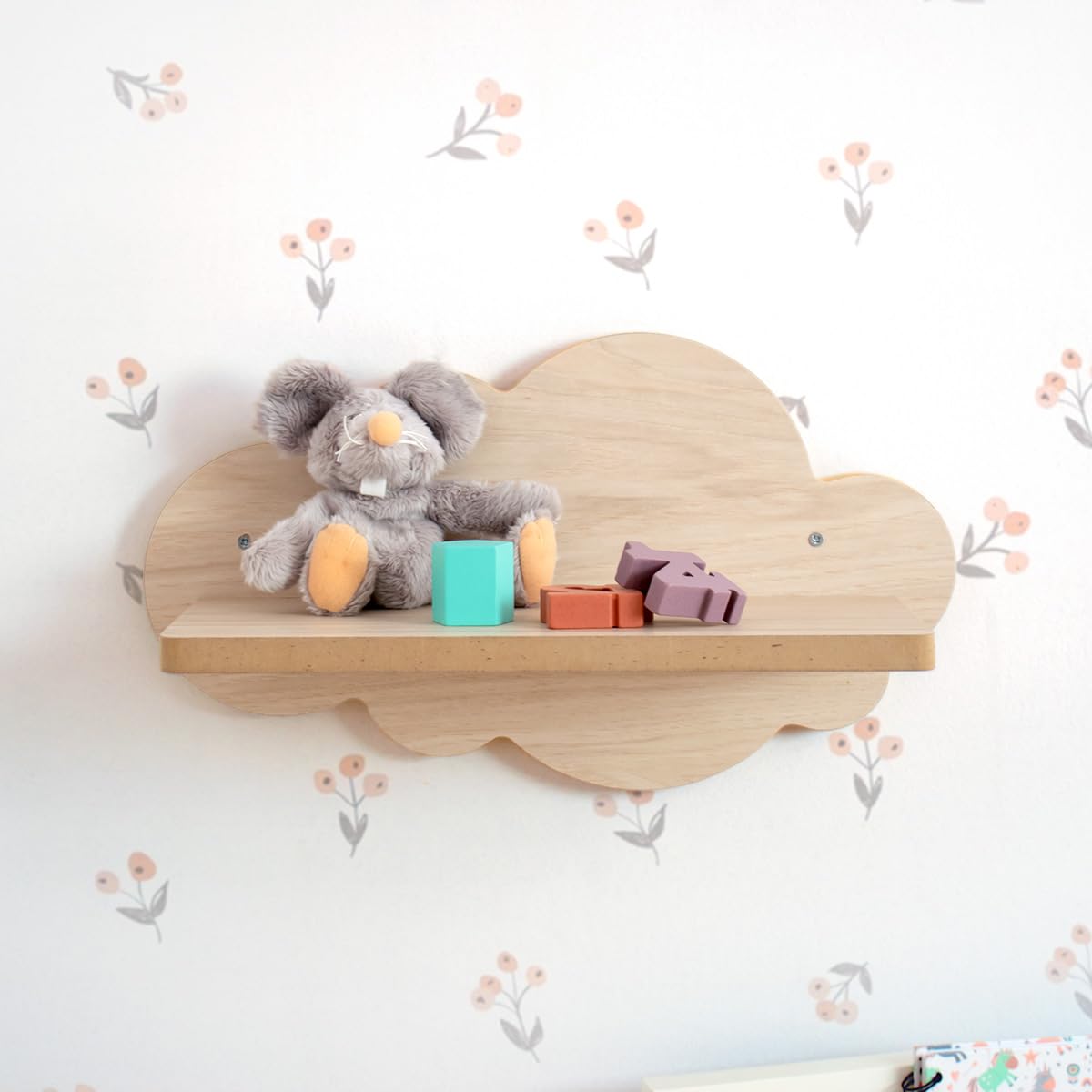 Bainba - Étagère Murale Nuage en Bois pour Chambre bébé et Enfant - 39 cm - Finition MDF Bouleau/Bois Naturel