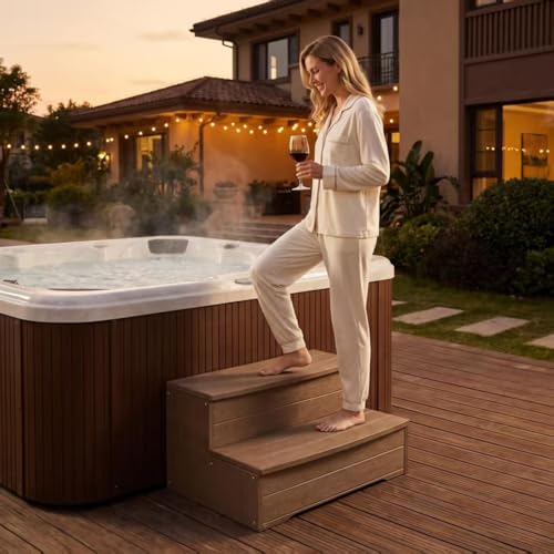 Image of Heavy Duty Hot Tub Steps, 2 Steps Large Versatile Stairs for Outoor Above Ground Pool, Spa,Deck & Porch Outside, Steps Capacity 600LBS (Brown)