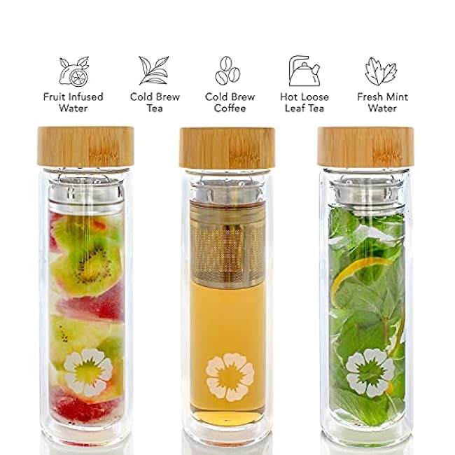 Teabloom All-Beverage Tumbler ¨C 15 oz / 450 ml ¨C Tempered Glass Travel Bottle ¨C Hot and Cold Tea Infuser ¨C Cold-Brew Coffee ¨C Fruit-Infused Water ¨C Tea Tumbler ¨C The Pathfinder