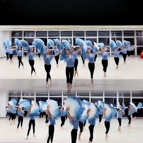 Éventail de danse carré en soie bleu dégradé pour droitier 51 cm