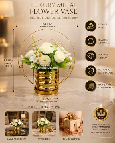 Image of Divyakosh Artifcial Flower for Home Decoration, Pre Fixed Artificial Flower Vase (Metal), Showpiece, Gift, Home Decoration Items for Living Room, Aesthetic Home Decor, Vase for Home Decor'