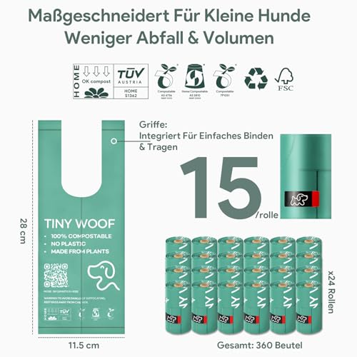 Hundekotbeutel für kleine Hunde – Biologisch abbaubar & kompostierbare Hundekotbeutel mit Bindekordel | TINY WOOF Mini Kotbeutel für Hunde (360 Stück) Chihuahua, Pomeranian, Toy Poodle und Welpen