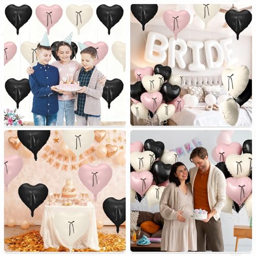 Image of Pink and Black Heart Balloons, 10 Pcs Baby Pink Cream Heart Shaped Balloon with Black Bow Ribbon, 18 Inch Pink Sand White Foil Balloons for Brithday Baby Shower Wedding Valentines Party Decoration